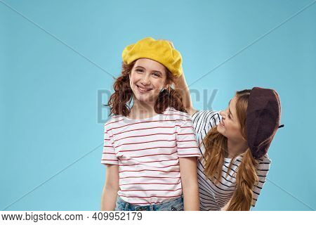 Funny Mom And Daughter Fashion Studio Lifestyle Fun Blue Background Family