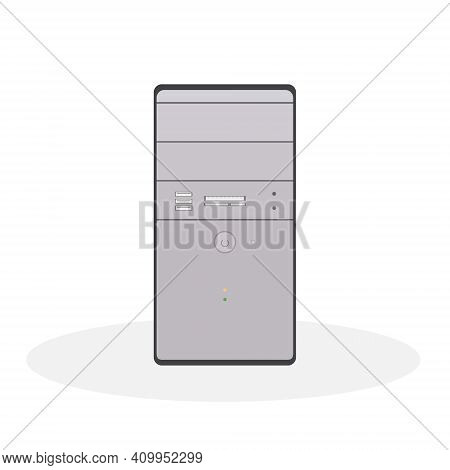 The System Unit Of The Computer Is In Gray Tones, With A Card Reader And Operation Indicators. Flat 