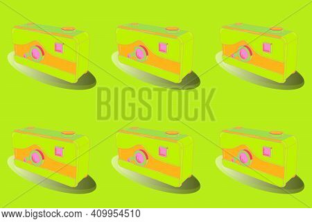 Presented In 3d Style. Image In Yellow, Pink And Green Colors. Raster. Axonometry. Retro Camera.