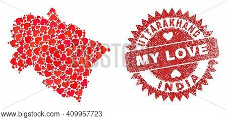 Vector Mosaic Uttarakhand State Map Of Valentine Heart Items And Grunge My Love Seal. Mosaic Geograp