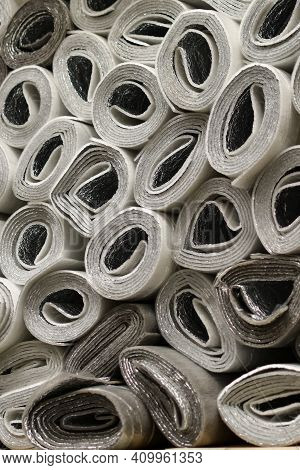 Lots Of Rolls Of Polyethylene Foam Base. Repair Materials. Insulation Floor In Roll. Rolls With Insu