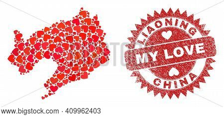 Vector Mosaic Liaoning Province Map Of Love Heart Items And Grunge My Love Badge. Mosaic Geographic 