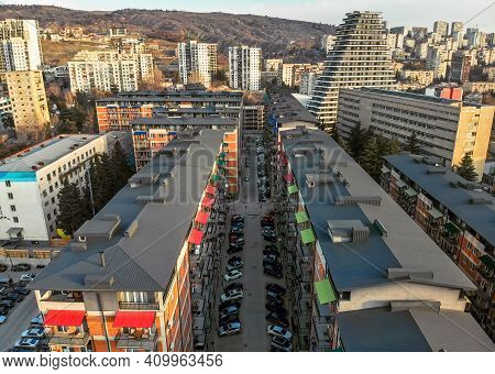 Aerial View Of High Buildings In Saburtalo District In Tbilisi, Georgia. Property Real Estate Banner