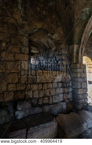 The Inner Hall Of The Ruins Of Crusader Fortress Chateau Neuf - Metsudat Hunin Is Located At The Ent