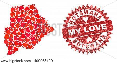Vector Collage Botswana Map Of Love Heart Elements And Grunge My Love Seal. Collage Geographic Botsw