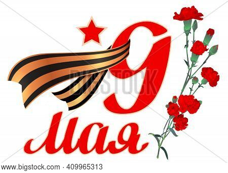 May 9 Victory Day Text Russian Veterans Day. Red Carnation Bouquet St. George Ribbon Symbol Of Victo