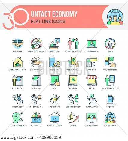 Set Of Filled Outline Icons On Following Topics Contactless Society, Untact Economy, E-commerce, Eco