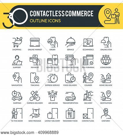 Set Of Outline Icons On Following Topics: Contactless Society, Untact Economy, E-commerce, Delivery 