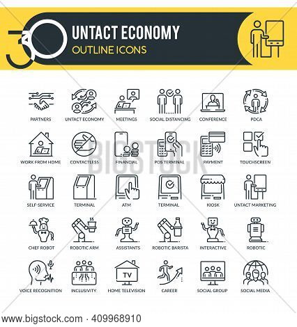 Set Of Outline Icons On Following Topics Contactless Society, Untact Economy, E-commerce, Economy, M