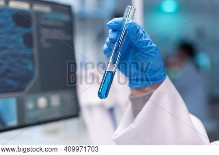 Close Up Of Test Tubes For Science Experiment. Pharmacy Doctor Discovering Scientific Disease With B