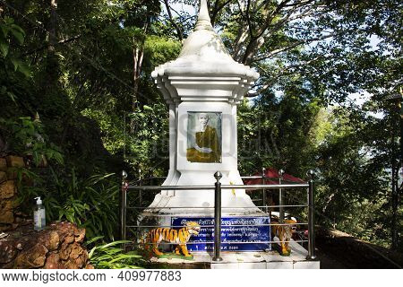 Stupa Pagoda Of Saint Of Lanna Kruba Sriwichai Or Khruba Siwichai Thai Buddhist Monk At Front Of Tha