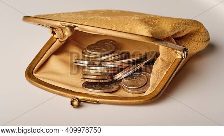 Old Grandma's Wallet With Coins Inside, Small Pension Concept