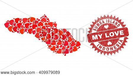 Vector Collage Sumba Island Map Of Lovely Heart Items And Grunge My Love Stamp. Mosaic Geographic Su