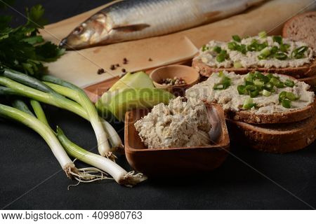 Traditional Jewish Snack Vorschmack Or Forshmak With Bread And Green Onion, Made Of Herring Fillet A