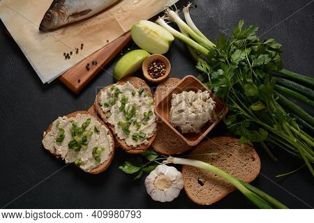 Traditional Jewish Snack Vorschmack Or Forshmak With Bread And Green Onion, Made Of Herring Fillet A