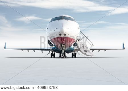 Front View Of The Modern Corporate Business Jet With Open Gangway Door Isolated On Bright Background
