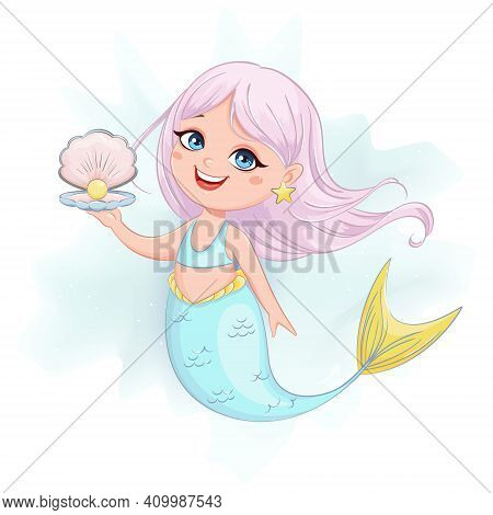 Stock Vector Cute Little Mermaid Girl. Mermaid Cartoon Character.