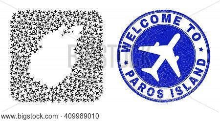 Vector Mosaic Paros Island Map Of Airline Items And Grunge Welcome Seal Stamp. Mosaic Geographic Par