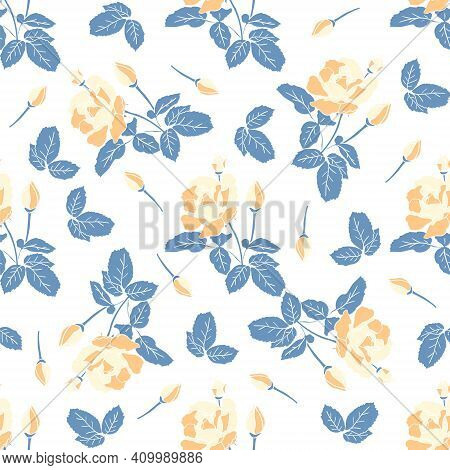Delicate Yellow Roses Seamless Pattern. Hand Drawn Flat Silhouettes Of Flowers. Rich Floral Ornament