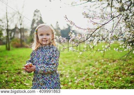 Adorable Little Girl Enjoying Nice And Sunny Spring Day Near Apple Tree In Full Bloom. Outdoor Sprin