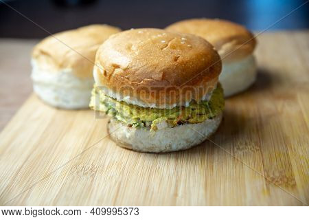 Close Up Shot Of A Delicious Omelette Burger. Egg Burger