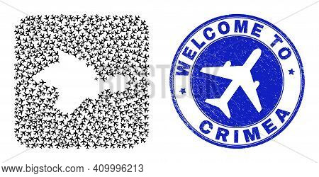 Vector Mosaic Crimea Map Of Airline Items And Grunge Welcome Stamp. Collage Geographic Crimea Map Co