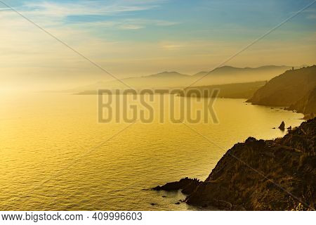 Spanish Coast Landscape In Andalucia. Cliffs Of Maro Cerro Gordo Natural Park, Near Maro And Nerja, 