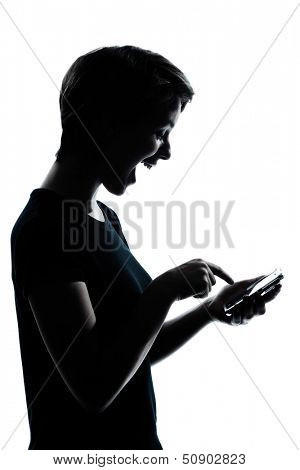 one caucasian young teenager silhouette girl telephone videophone video game  portrait in studio cut out isolated on white background