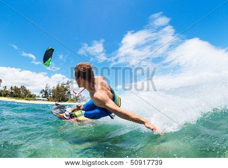 Young Man KiteBoarding, Fun in the ocean, Extreme Sport Kitesurfing