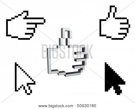 thumbs up like and arrow pixel cursor 3d