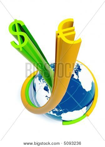 Blå Globe med dollaren Euro farvede striber