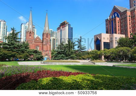 Cityscape - the square of St. Ignatius Cathedral, also referred to as Xujiahui Cathedral ,one of most famous Catholic cathedral in shanghai,China