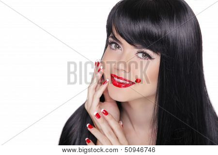 Hair. Beautiful Brunette Girl. Healthy Long Hair. Manicured Nails And Red Lips. Beauty Model Woman.