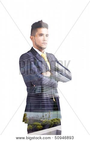 Multiple exposure of a businessman and a business building