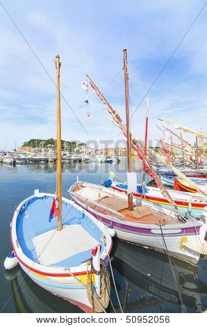 Wooden small boats in the harbour of Sanary sur Mer in France.