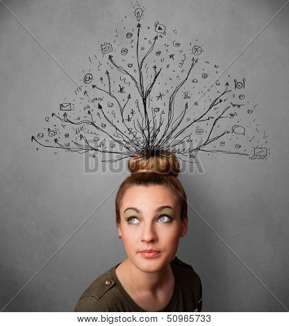 Pretty young woman thinking with tangled lines coming out of her head