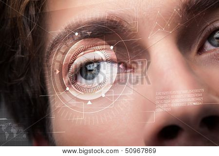 Modern cyber man with technolgy eye looking