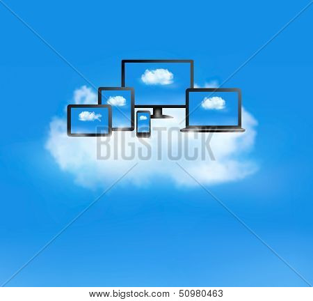 Cloud computing concept. White cloud and all devices Vector. 
