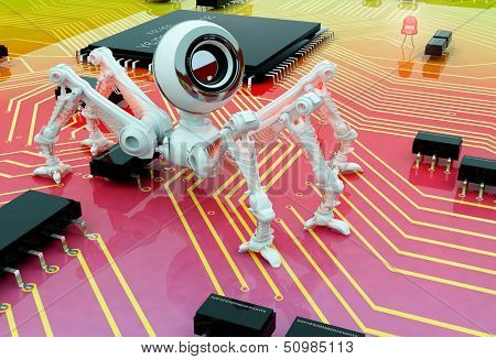 Robot webcam on the board of chips.