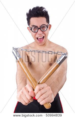 Funny guy with nunchucks on white