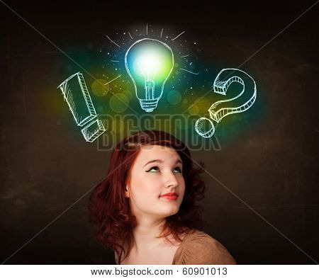 Young preety teenager with hand drawn light bulb illustration