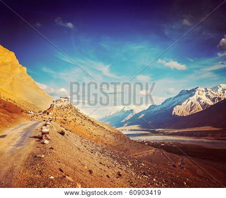 Vintage retro hipster style travel image of  road to Kee (Ki, Key) Monastery. Spiti Valley,  Himachal Pradesh, India