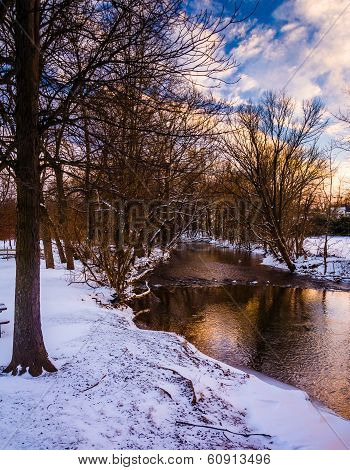 Winter View Of A Creek At Sunset, In Rural Frederick County, Maryland.