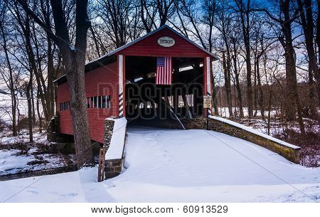 Winter View Of The Heikes Covered Bridge In Rural Adams County, Pennsylvania.