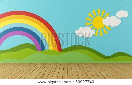 Empty Playroom With Rainbow And Green Hills