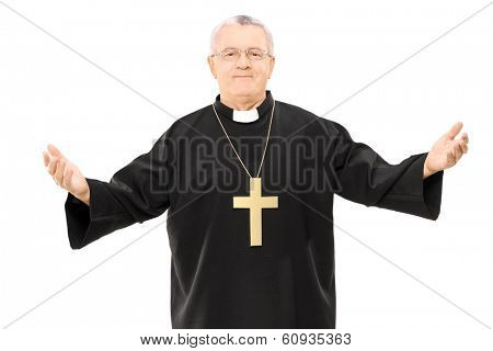 Mature reverend in black mantle with open hands isolated on white background
