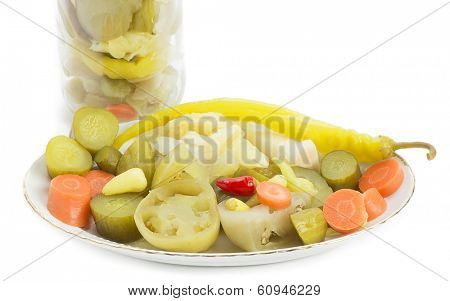 Pickled vegetables isolated on white background    