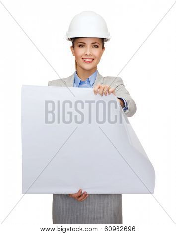 building, developing, consrtuction and architecture concept - friendly young smiling architect in white helmet with blueprints