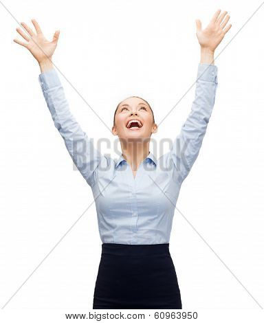 business, success and office concept - laughing businesswoman waving hands