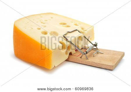 mousetrap with a too large piece of cheese on a white background